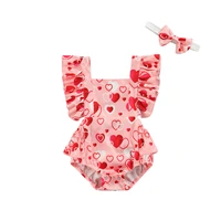 summer kids baby girls clothing fly sleeve ruffle bodysuit with bow headband valentines day heart printed triangle jumpsuits