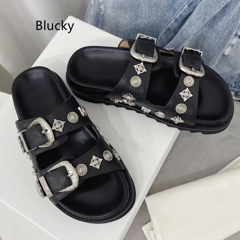 

Женские сандалии с металлической ремешком, дизайнерские Летние повседневные пляжные тапочки с круглым носком и толстой подошвой