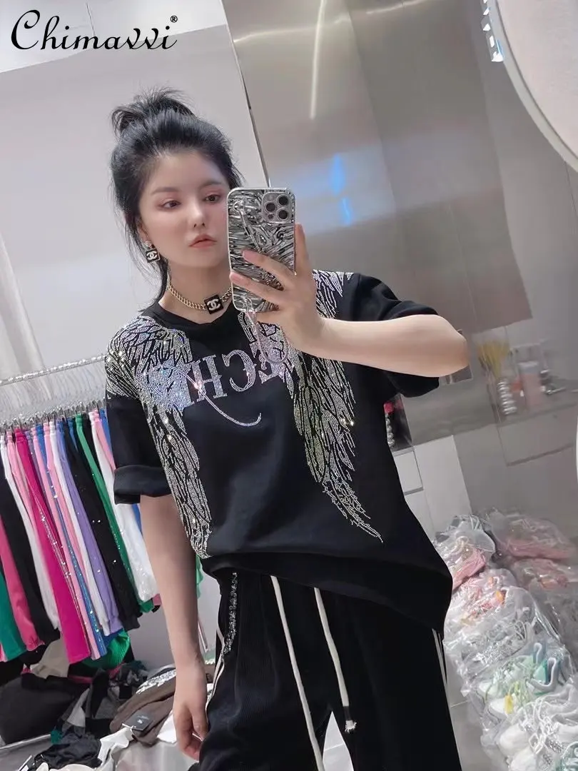 

Spring New Women's Heavy Embroidery Hot Drilling Letter Wings Pattern Brushed Mid-Length Short Sleeve T-shirt Round Neck Top
