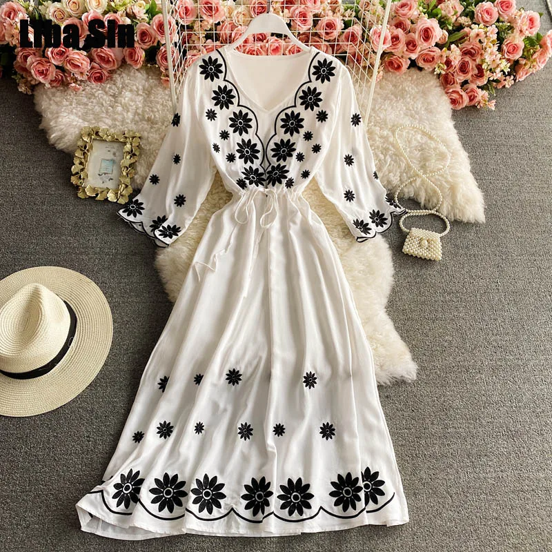 

Liba Sin Women Bohemian Embroidered V-Neck Dress Women Seaside Vacation Bohemian Beach Skirts Large Swing Long Skirt Women