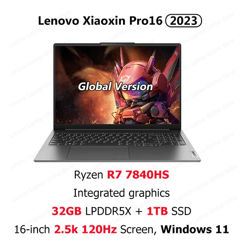 Ноутбук Lenovo Xiaoxin Pro 16, 2023 AMD R7 7840HS/R7, 8845H, 32 ГБ ОЗУ, 1 ТБ/Φ SSD, 16 дюймов, 2,5 K, 120 Гц, компьютер, ноутбук (распознавание лица, подсветка), ПК