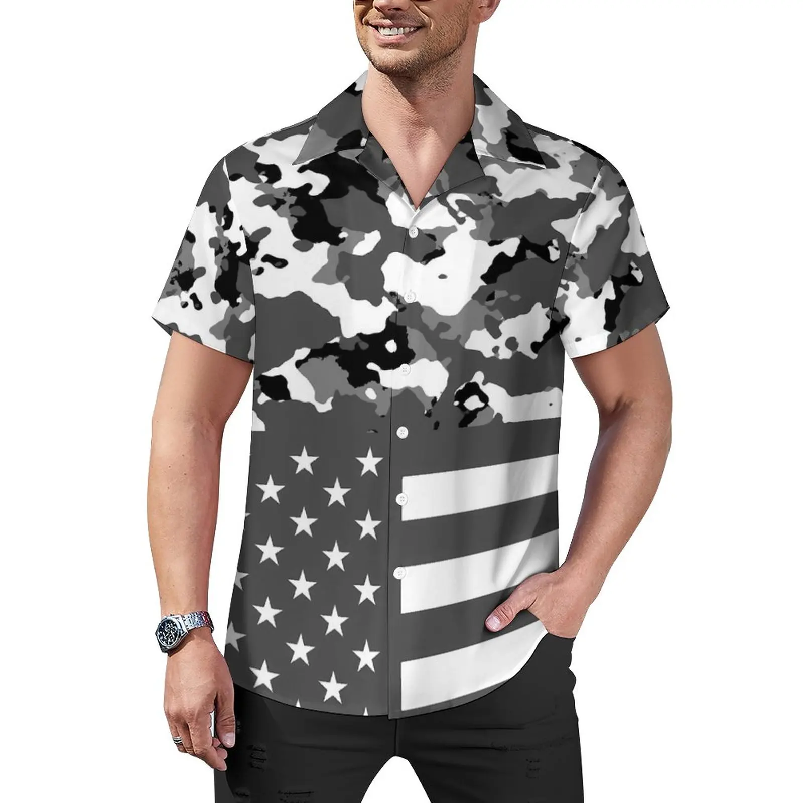 

USA Flag Blouses Man Military Arctic Camo Casual Shirts Hawaiian Short Sleeve Custom Y2K Oversized Beach Shirt Gift