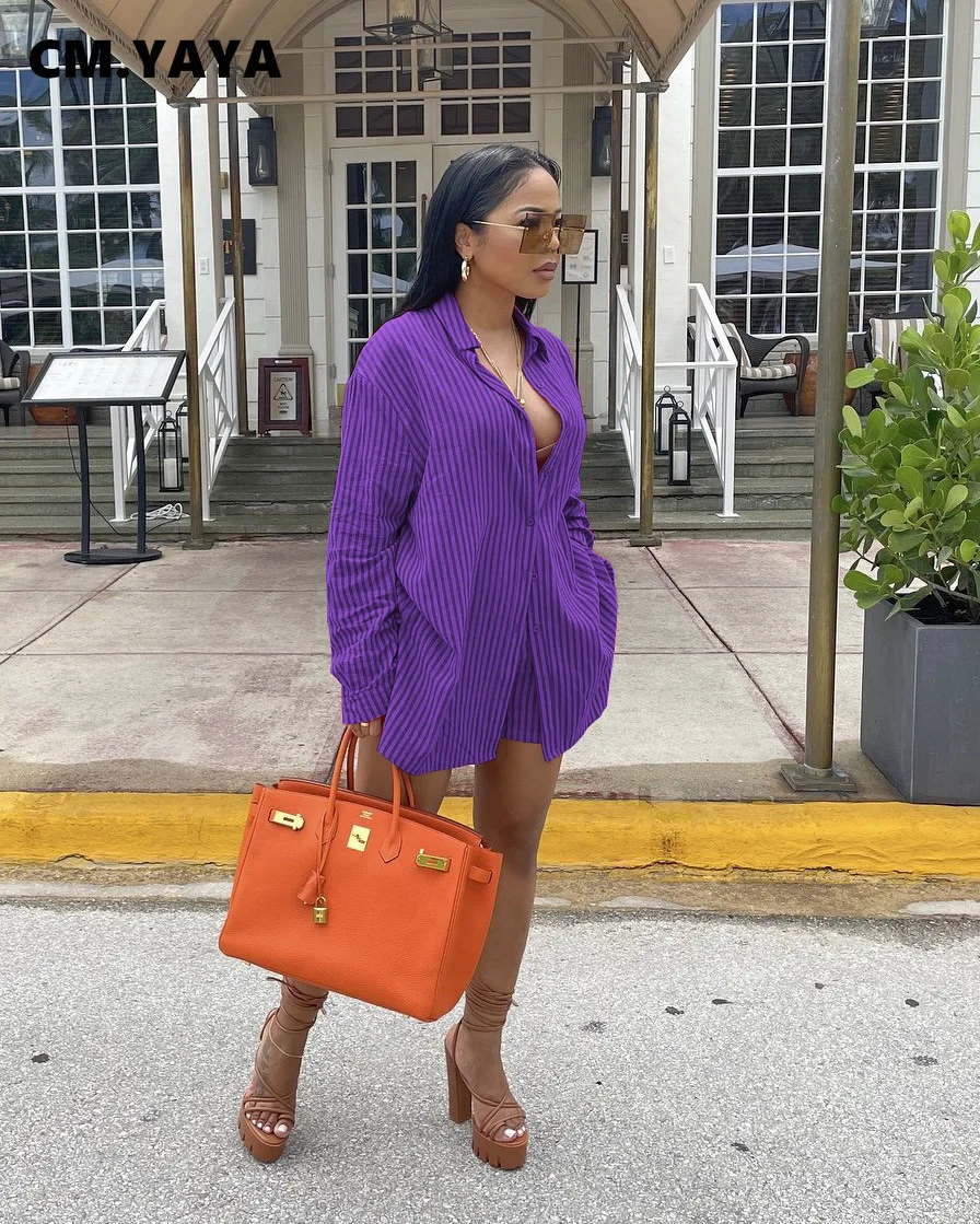 Уличный Женский комплект в полоску CM.YAYA однобортная рубашка с длинным рукавом и