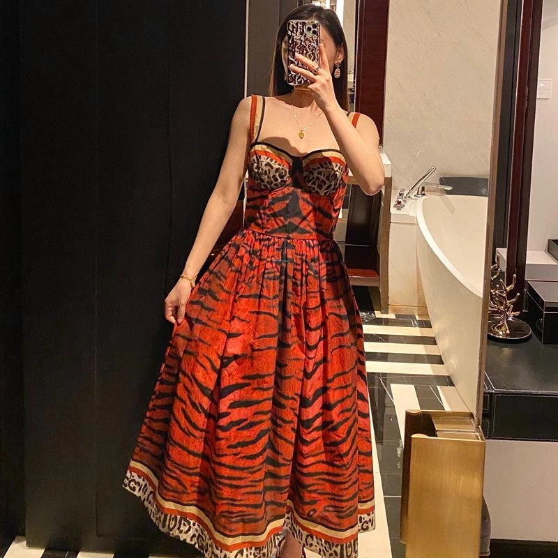 

Vintage Double Shoulder Suspender Dress Women Positioning Print Tiger Print Tube Top Red Print Stitching Long Dress 2022 Summer