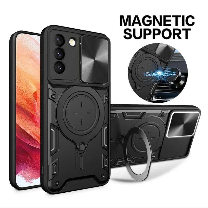 Для Samsung Galaxy S21 Ultra Чехол Armor Slide Camera Защитный чехол для объектива + Plus S 21 FE Ring Stand Funda