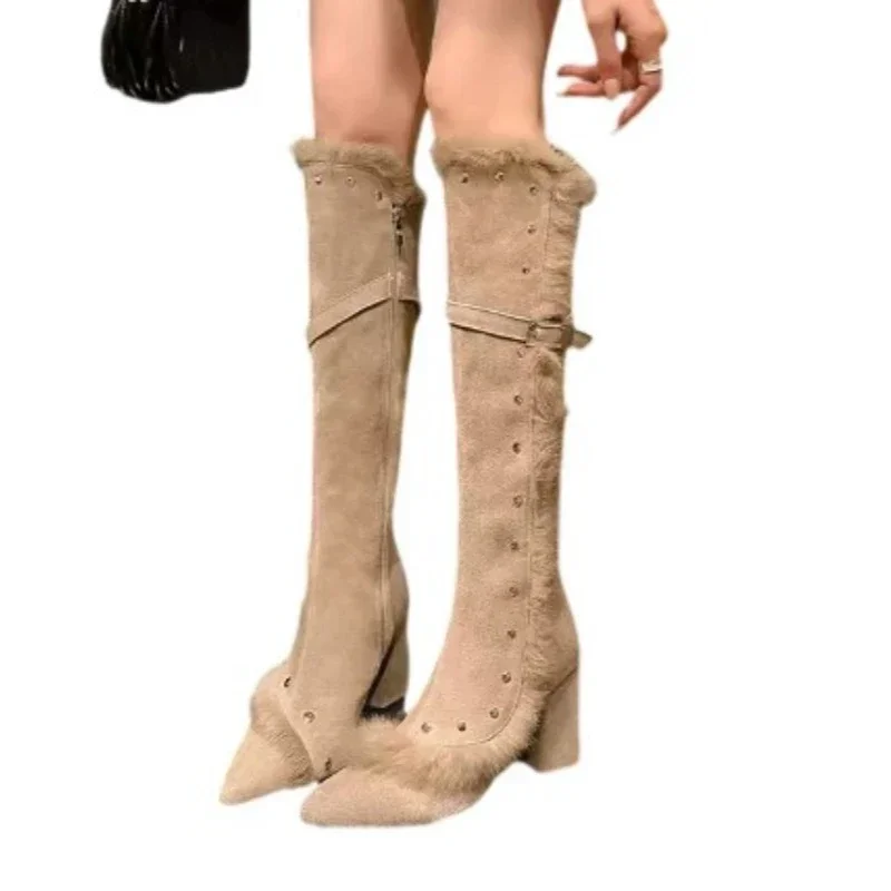 Элегантные женские высокие сапоги на меху замшевые туфли до колена высоком