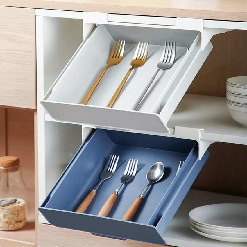 

2023NEW Storage Drawer Kitchen Organizer Hanging Punch-free Storage Boxes Under Table Self-adhesive Drawer Case Fork Spoon Tray