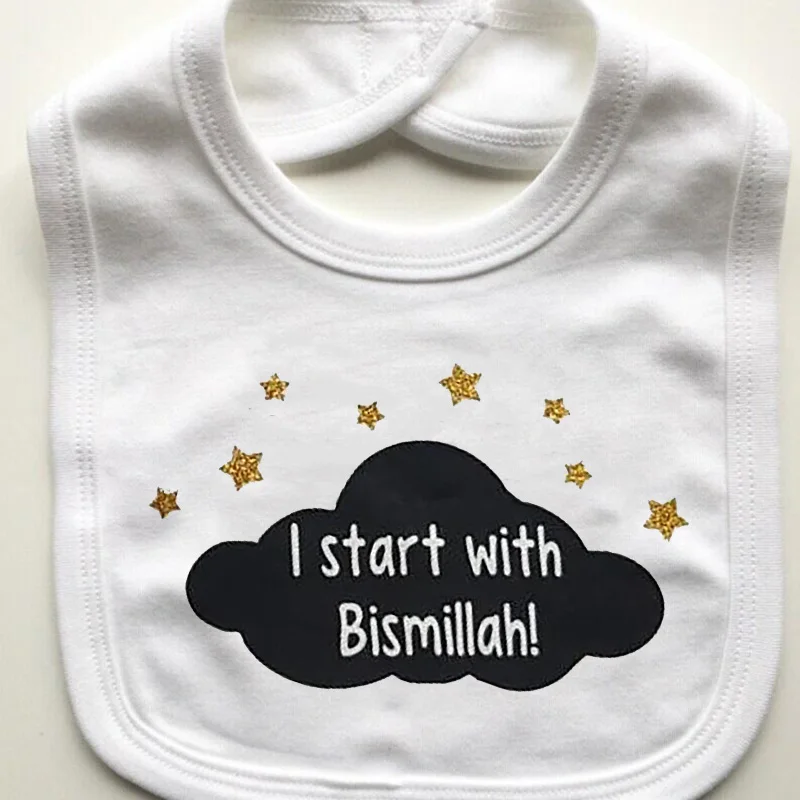 I start with Bismillah baby boy girl bib happy Ramadan Eid Mubarak Muslim Islamic Kareem Iftar festival decoration keepsake gift