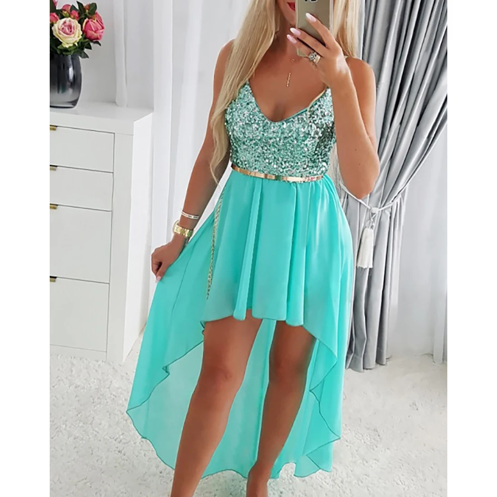 

2022 Summer Sequin Patch Asymmetrical Cami Party Dress Long Tunic Dress Evening Fairy A Line Dress Night Club Blue Sexy Robes