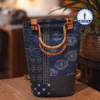 antique ethnic style cotton hemp bamboo handle bag handle bucket bag cloth bag blue printing versatile jacquemus bag hand bag