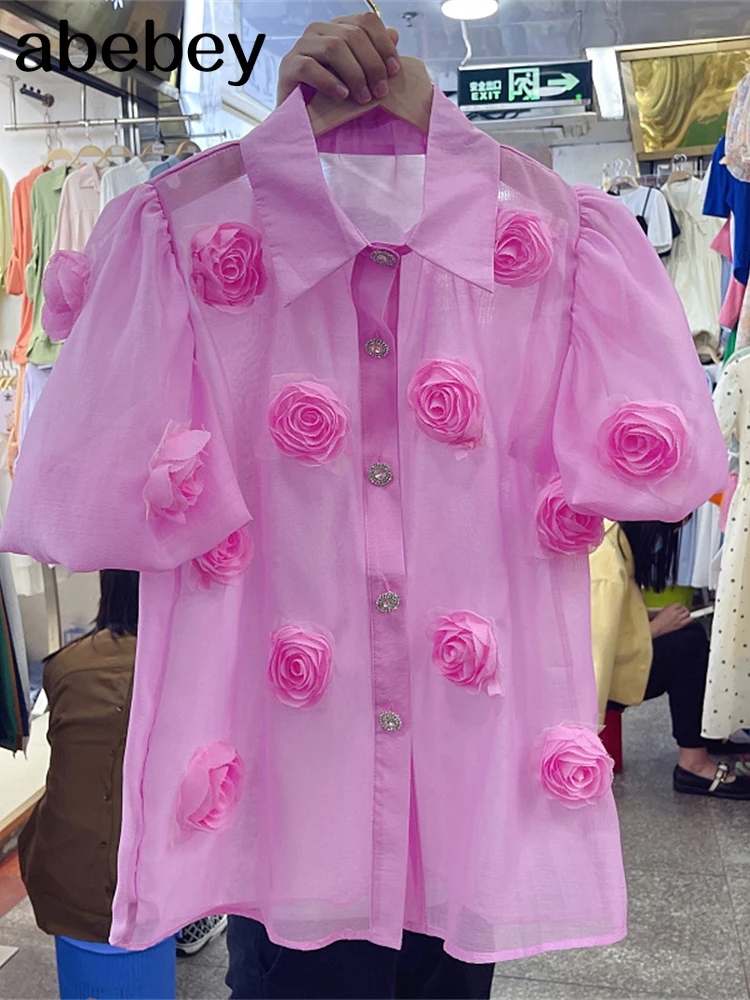 

Шифоновые Топы, шикарные женские блузки с 3D цветами, повседневные блузки с пышными рукавами и отложным воротником, рубашки, рубашки для женщ...