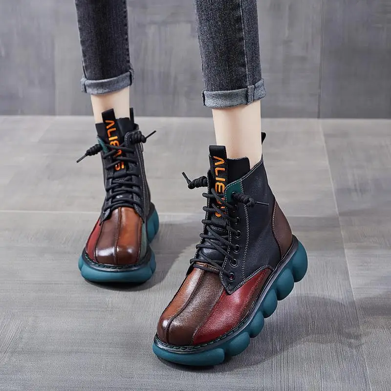 

Autumn Mixed Colors Shoes Women Boot Round Toe Lace Up Retro Handmade Casual Platform Ankle Boots Ladies Short Boots