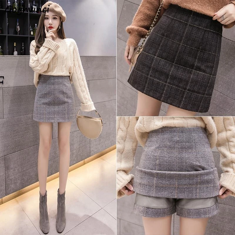 

Women's Wool Plaid Skirt, Korean mini skirt, fashion, zipper, street clothes