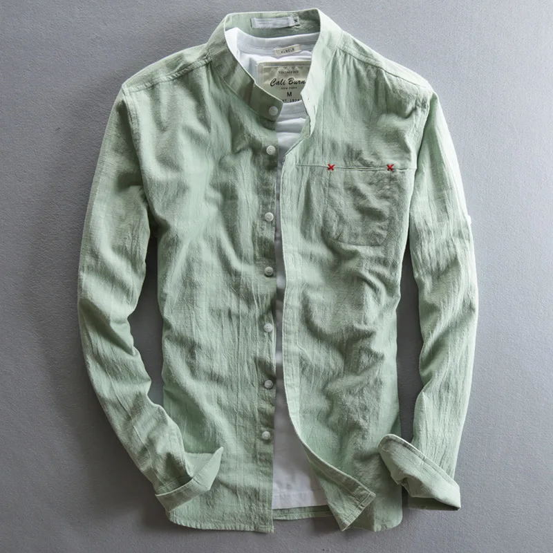 

Men's Mandarin Collar Long Sleeve Cotton Linen Shirts Chinese Style Casual Male Soft Comfortable Tops Dress Shirt Spring Autumn