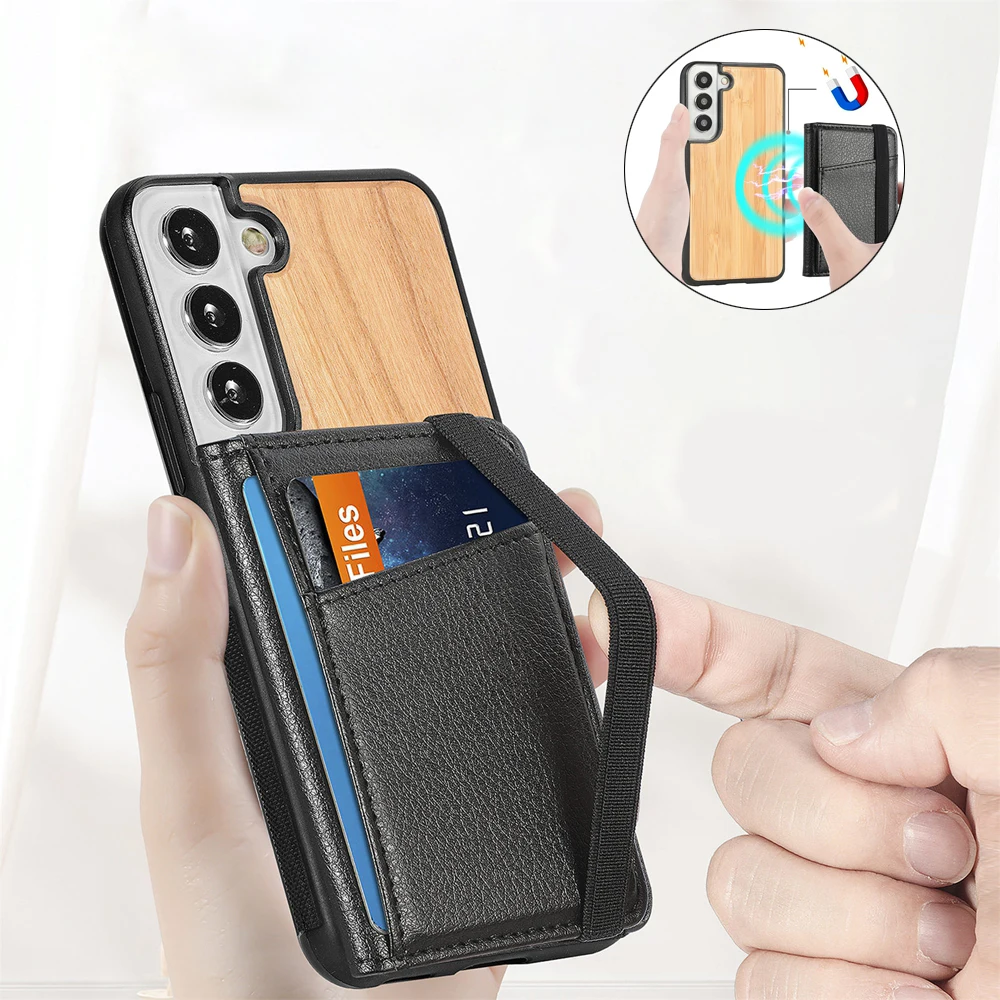 

Роскошный чехол из натурального дерева для Samsung S22, ультрамагнитный кожаный чехол Magsafing с отделением для карт, чехол-бумажник для Galaxy S22 Plus, де...