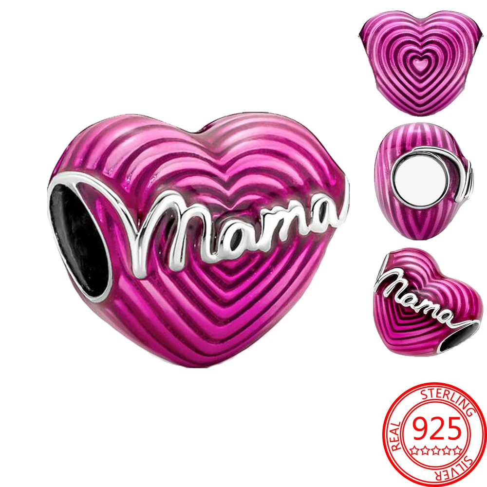 

Classic 925 Sterling Silver Pink Enamel Heart Radiating Love Mama Heart Charm Fits Brand Bracelet Mother's Day Jewelry Gift