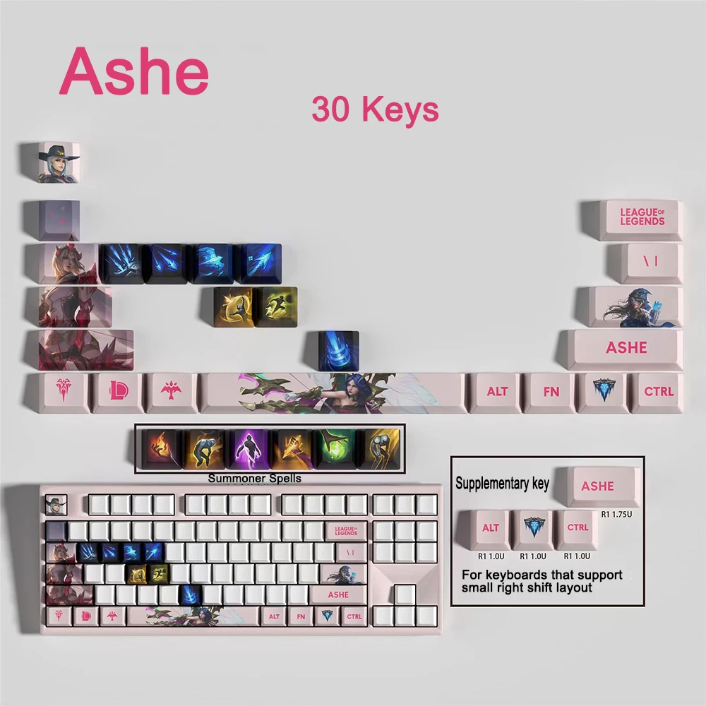 Фото Колпачки для клавиш League of Legends 34 клавиши OEM Profile Mini Set PBT Dye Sublimation Keycaps для Mx Switch Viego Gwen Aatrox ZED Jinx Kayn №5