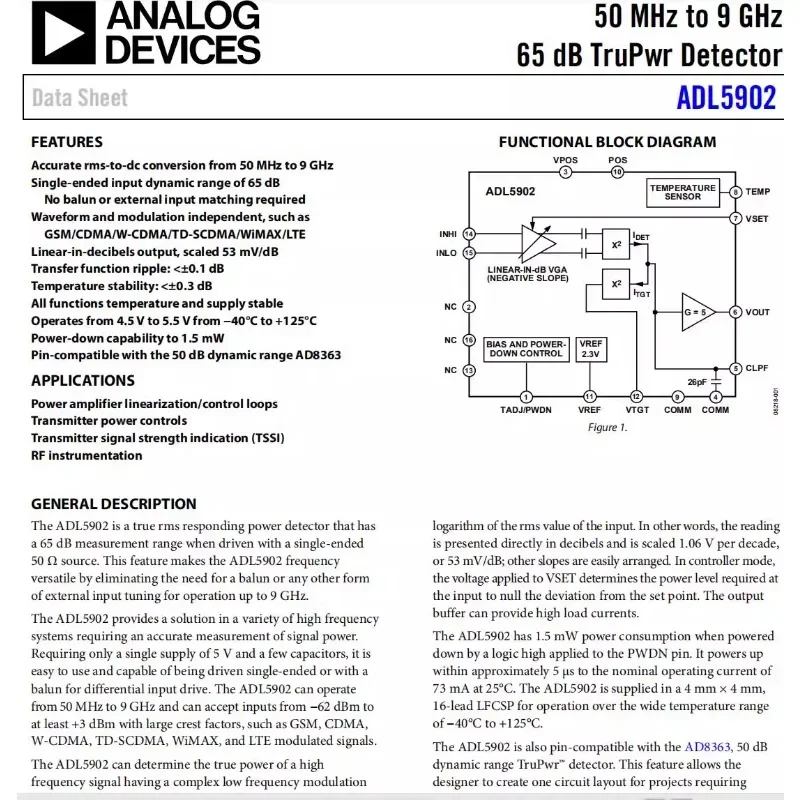 Радиочастотный детектор ADL5902 50 МГц-9 ГГц 65 дБ грузовика обнаружение RMS для