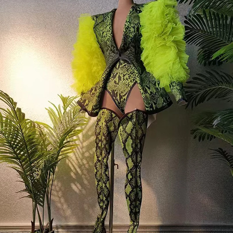 

Флуоресцентный зеленый комбинезон для ночного клуба, бара, диджея, костюмы на Хэллоуин, костюмы змеи для косплея, танцоры ГОГО, костюмы Drag Queen DN14368