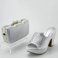 Newest Elagant Fashion Unique Style Italian design Party Noble Luxury Ladies Shoes and Bag Set in Silver Color for Wedding