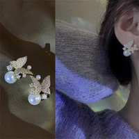 korean style butterfly stud earrings for women vintage elegant leaf full rhinestone simulation pearl earrings shining jewelry