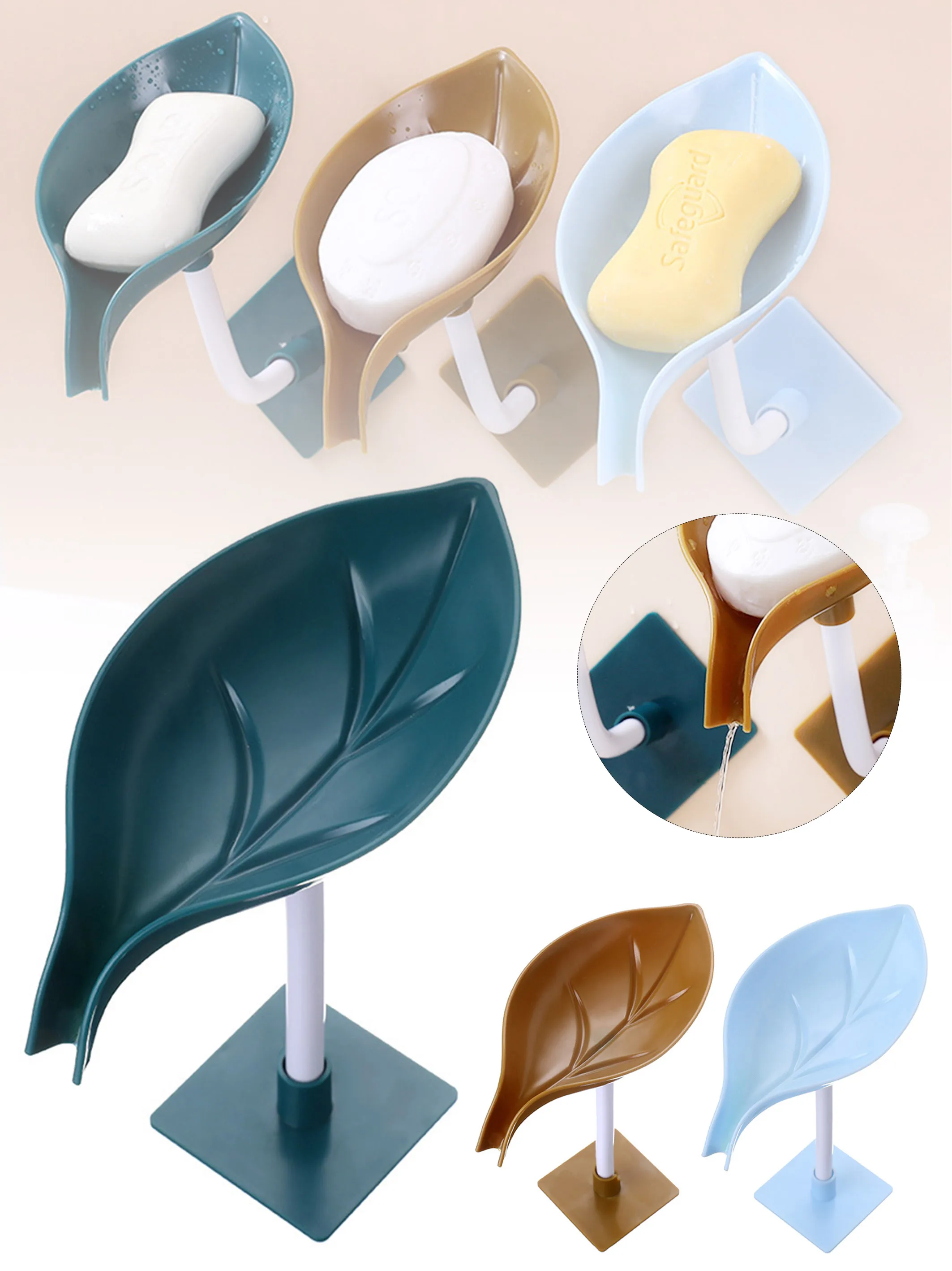 

Soap Dish Holder with Drain Double-sided Adhesive Soap Dish Leaf Shape Self Draining Stop Creative Soap Tray for Shower Bathroom