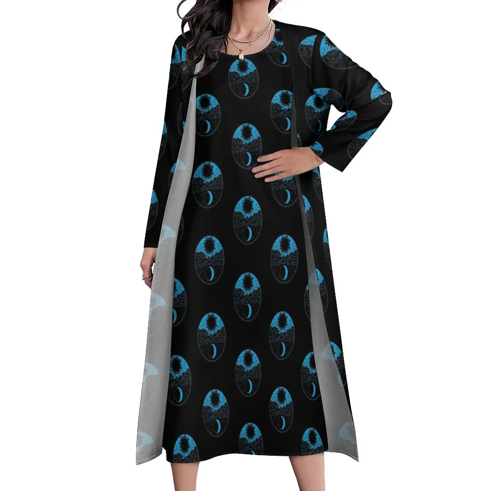 

Женское винтажное платье макси, длинное платье из двух частей, с принтом в виде символа ночи, Солнца и Луны, в уличном стиле, в богемном стиле,...
