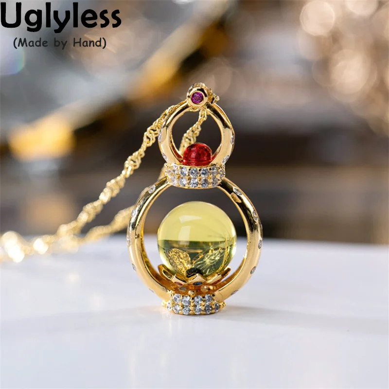

Uglyless Like a Globe Natural Amber Beeswax Balls Necklaces for Women Transparent Gemstones Pendants + Chain Crystals 925 Silver