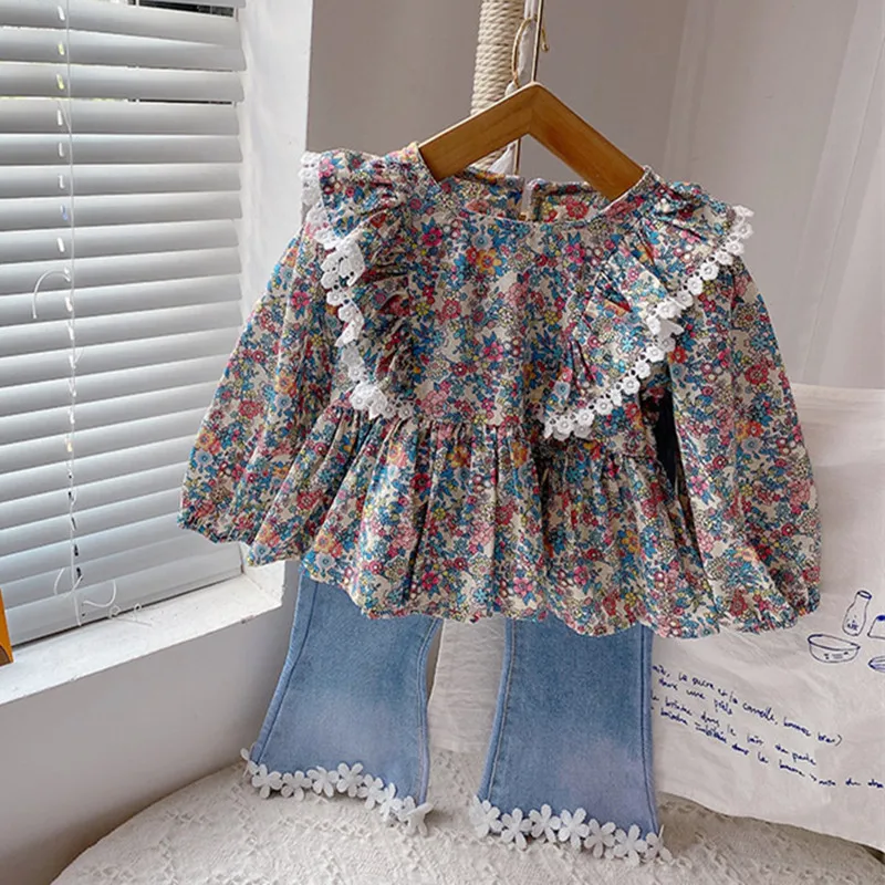 

Baby Girl's Suit 2-8 Yrs Autumn Children Kid Girls Floral Lace Top and Denim Flared Pants 2Pcs Suit Kids Baby Girl Sets Clothes