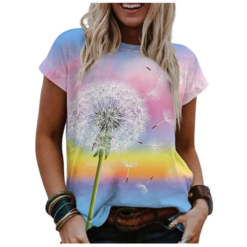 

Watercolor Painting Rainbow Women T Shirt 2021 New Summer Dandelion Tee Shirts Casula Short Sleeve O-Neck Cotton Tops Plus Size