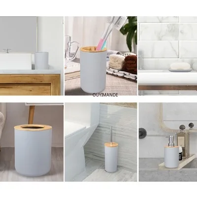 

Bathroom Accessories Set 6 Pieces Bamboo House Set Toothbrush Holder Soap DispenserToilet BrushTrashCanBathroomSet Mouthwash Cup