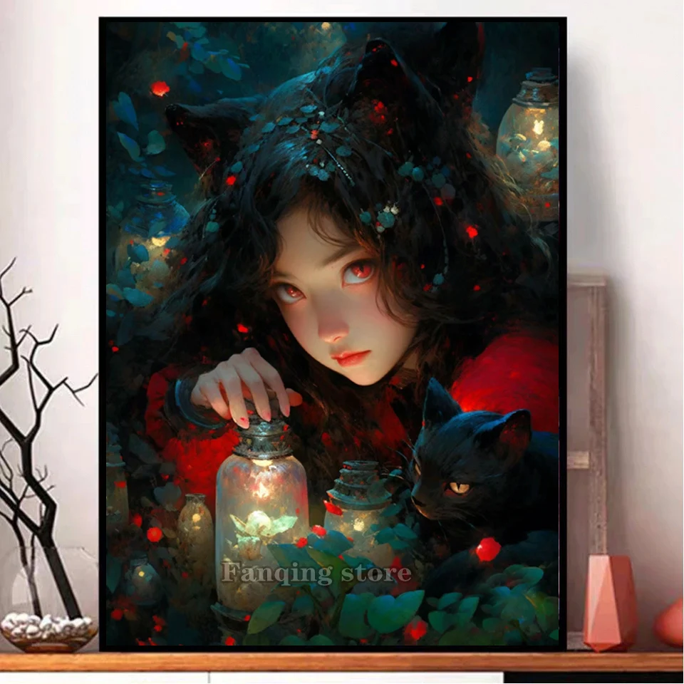 5d Diy Diamond Painting Dream Cat Hunting Girl Full Diamond Mosaic Embroidery Cross Stitch Kit Home Decoration Gifts S42