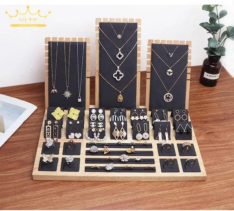 Wood Jewelry Display Stand Necklace Holder Earring Ring Display Props High-Capacity Jewelry Tray 39*25Cm