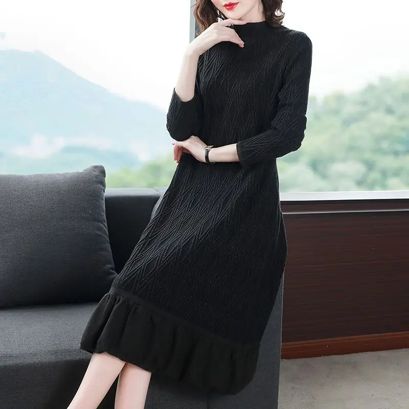 

Patchwork Pattern Women Knitting Dress For Autumn Winter Fashion Half High Collar Oversize Loose Slim Female Long Sweater