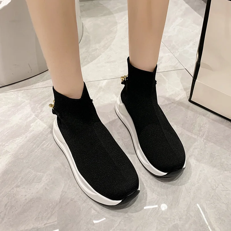 

Ladies Flat Knit Sneakers Metal Chain Comfortable Ladies Wedge Slip on Ladies Vulcanized Shoes Walking Shoes Tenis Feminino 2023