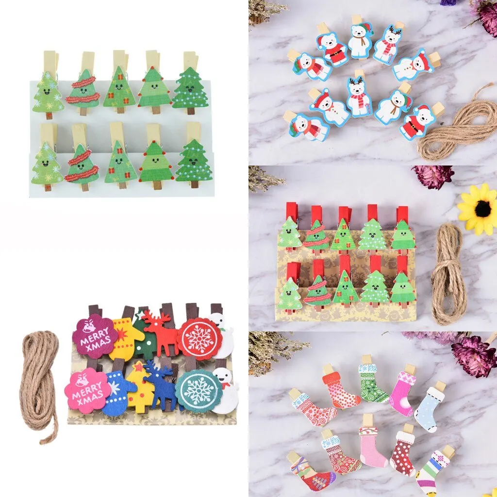 

10/12 шт. рождественские Мультяшные деревянные зажимы для бумаги, закладка для альбома с веревкой, наклейки с сообщениями, канцелярские прина...