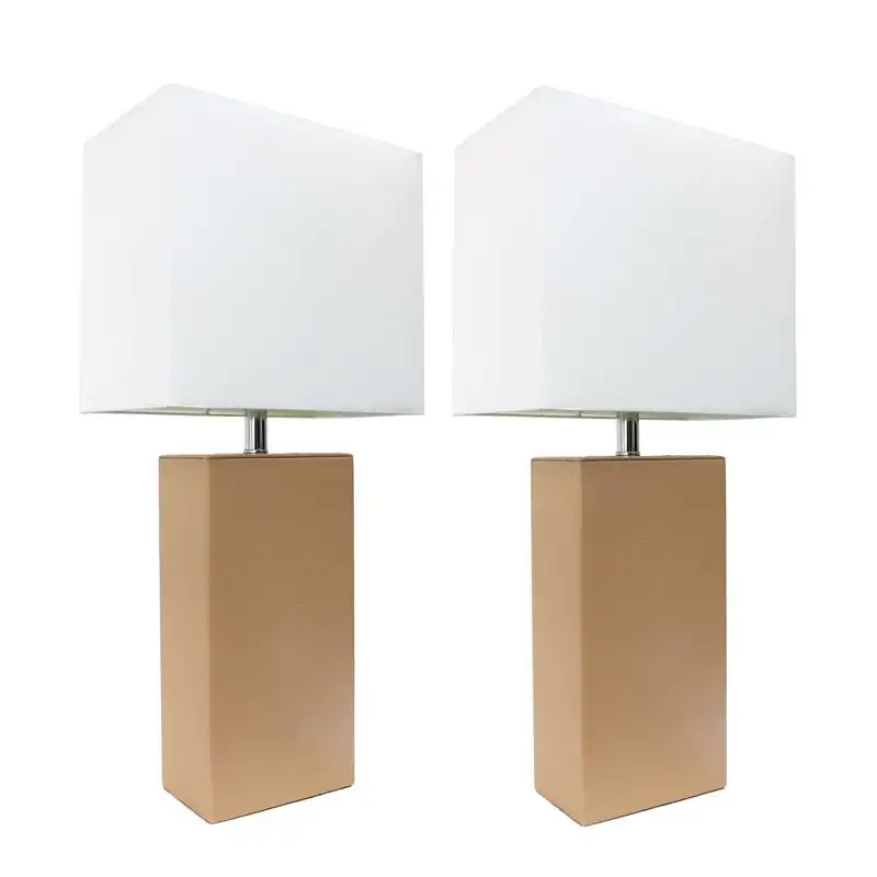 

2 Pack Modern Leather Table Lamps with White Fabric Shades, Beige