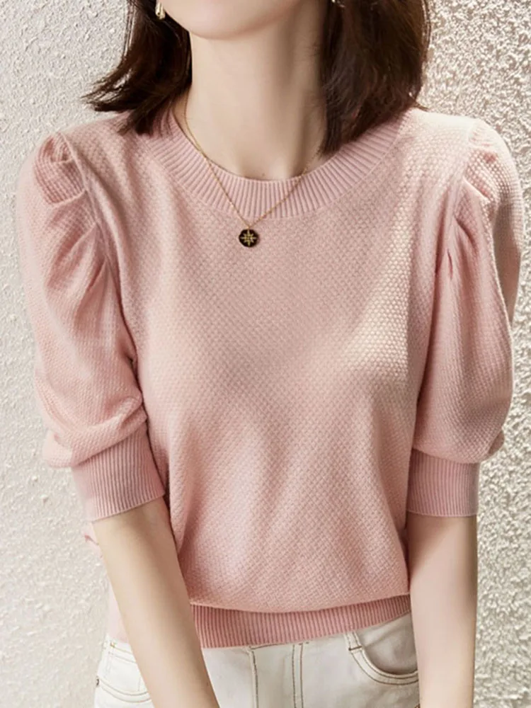 

White T Shirt Puff Short Sleeve Knitted Womens 2022 Summer Clothes For Women Casual Ice Silk Thin Pink Tops Camisetas De Mujer