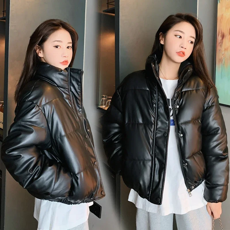 

Женская одежда, пуховик из искусственной кожи и хлопка, модное зимнее утепленное короткое пальто с воротником-стойкой, корейское ветрозащитное теплое пальто, 2023