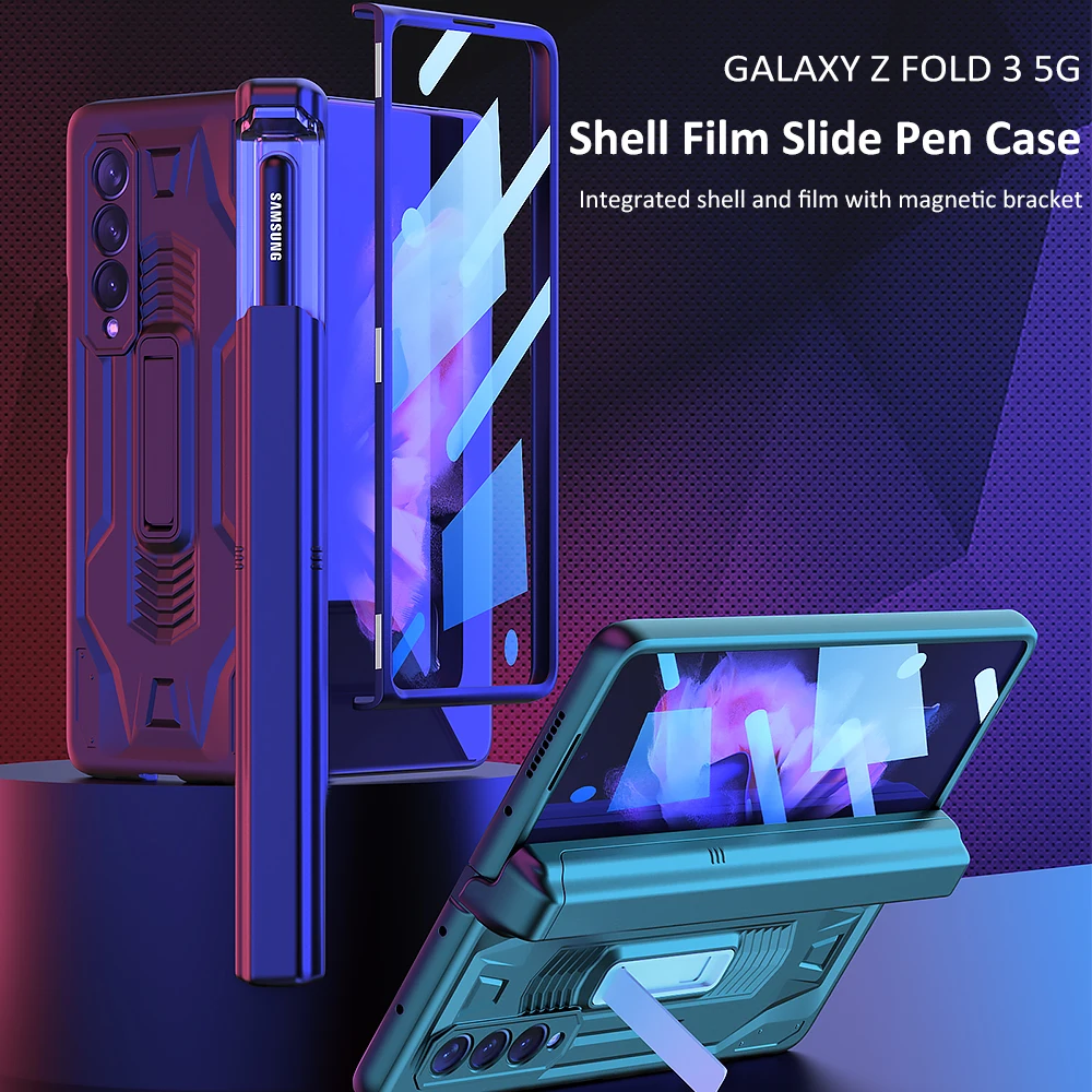 

Shell Film Slide Pen Case For Samsung Galaxy Z Fold3 5G With Magnetic Kickstand Adjustable Pen Holder PC Anti-knock Armour Funda