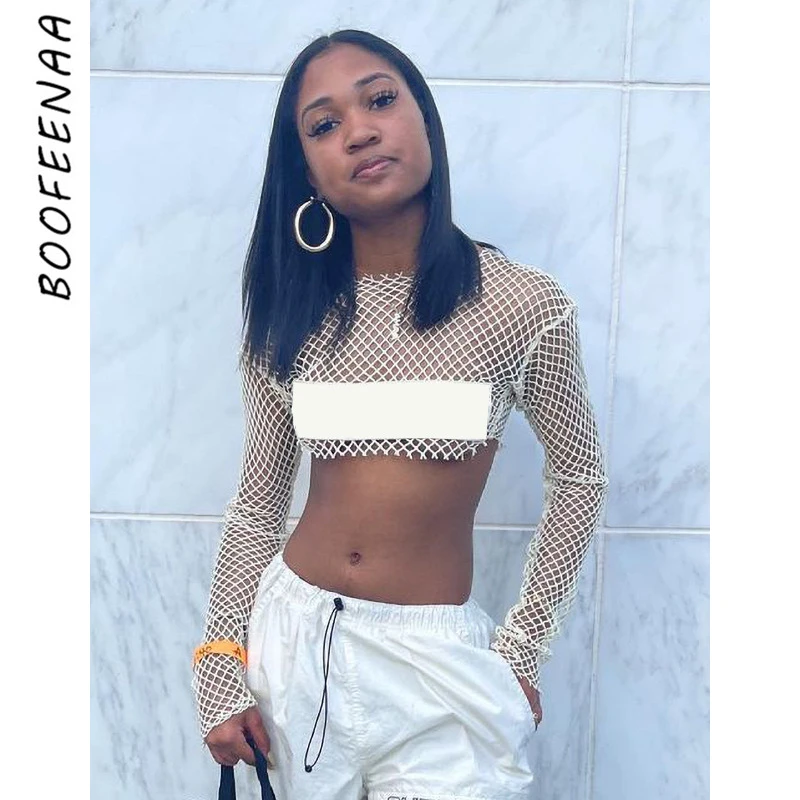 

Сексуальный прозрачный сетчатый кроп-топ BOOFEENAA, черная и белая одежда для женщин 2022, уличная одежда, футболки с длинным рукавом