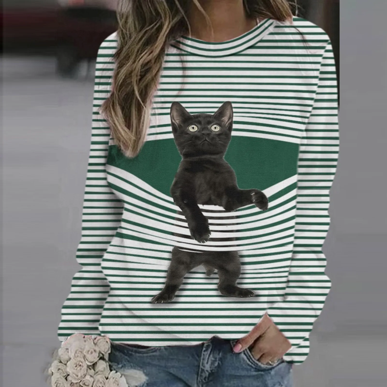 

Sleeve Cartoon Long Striped Cat Womens Casual Soft Pullover Loose Tops Crewneck Women's Blouse Color Top