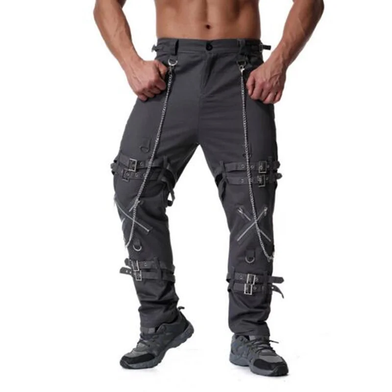 

Autumn Multi Zippers Ribbons Design Punk Men Cargo Pants with Chain Hip Hop Trousers Men Casual Street Style Joggers Hiphop