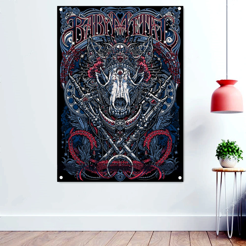 

Baby Metal Dark Artwork Banners Tapestry Horror Skull Tattoos Posters Macabre Art Background Wall Hanging Hard Rock Music Flags