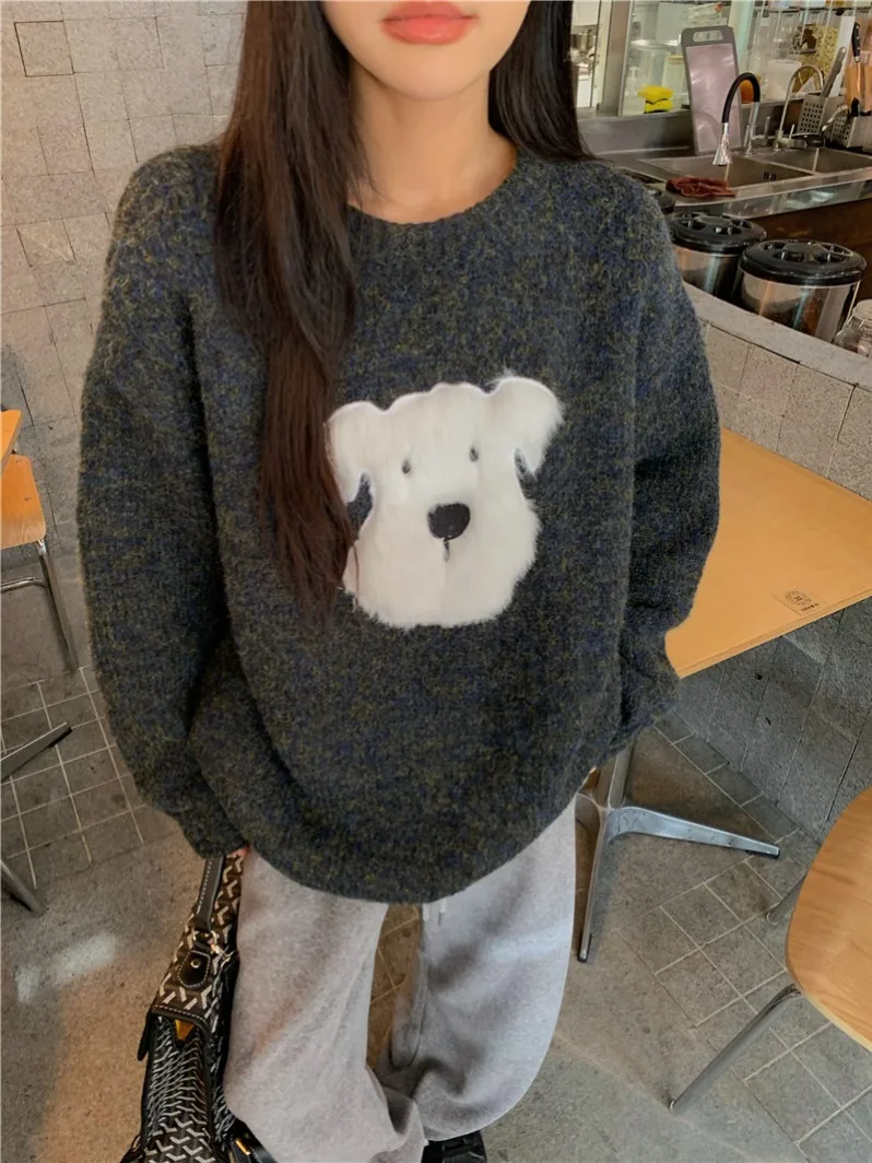 Серый плюшевый свитер с круглым вырезом Pphome Puppy женский осенне-зимний корейской