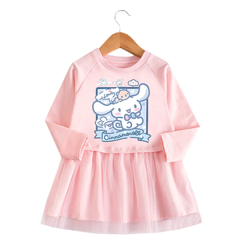 

Новинка 2023, корейское весенне-осеннее платье Sanrio для девочек с изображением собаки корицы, сетчатая юбка с длинным рукавом и мультяшным рисунком, юбка принцессы в западном стиле