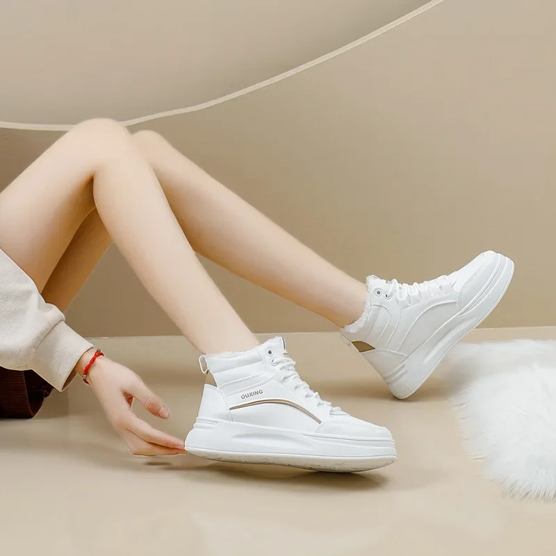 

Lace-up White Sports High Platform Female Shoes with Laces Chunky Leather Sneakers Ladies Snow Boots Trend 2023 on Slip Pu Boot