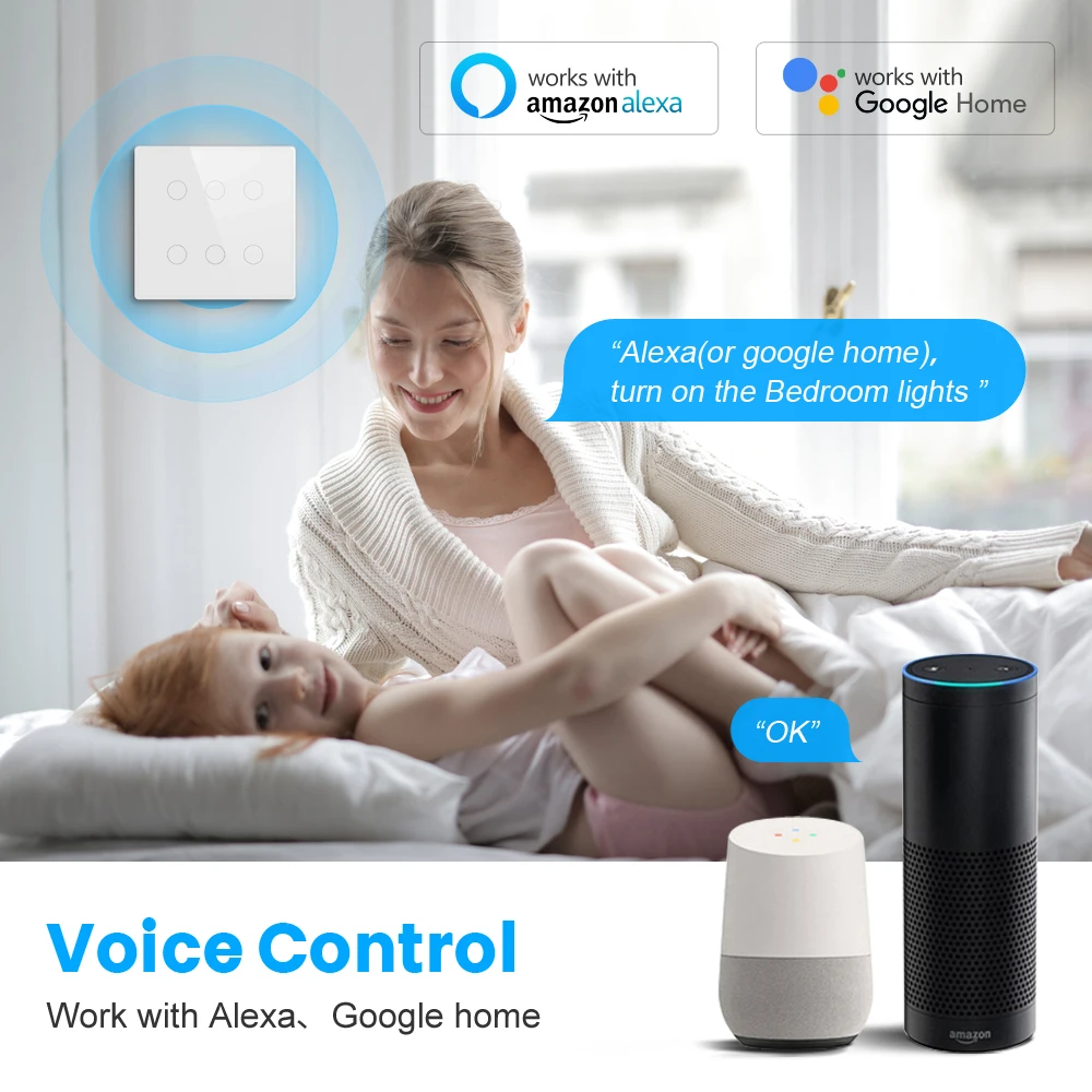 Brazil 4x4 Tuya WiFi Smart Light Switch 4/6 Gang Touch Panel Smart Home APP Remote Control 110-220V Work with Alexa Google Home