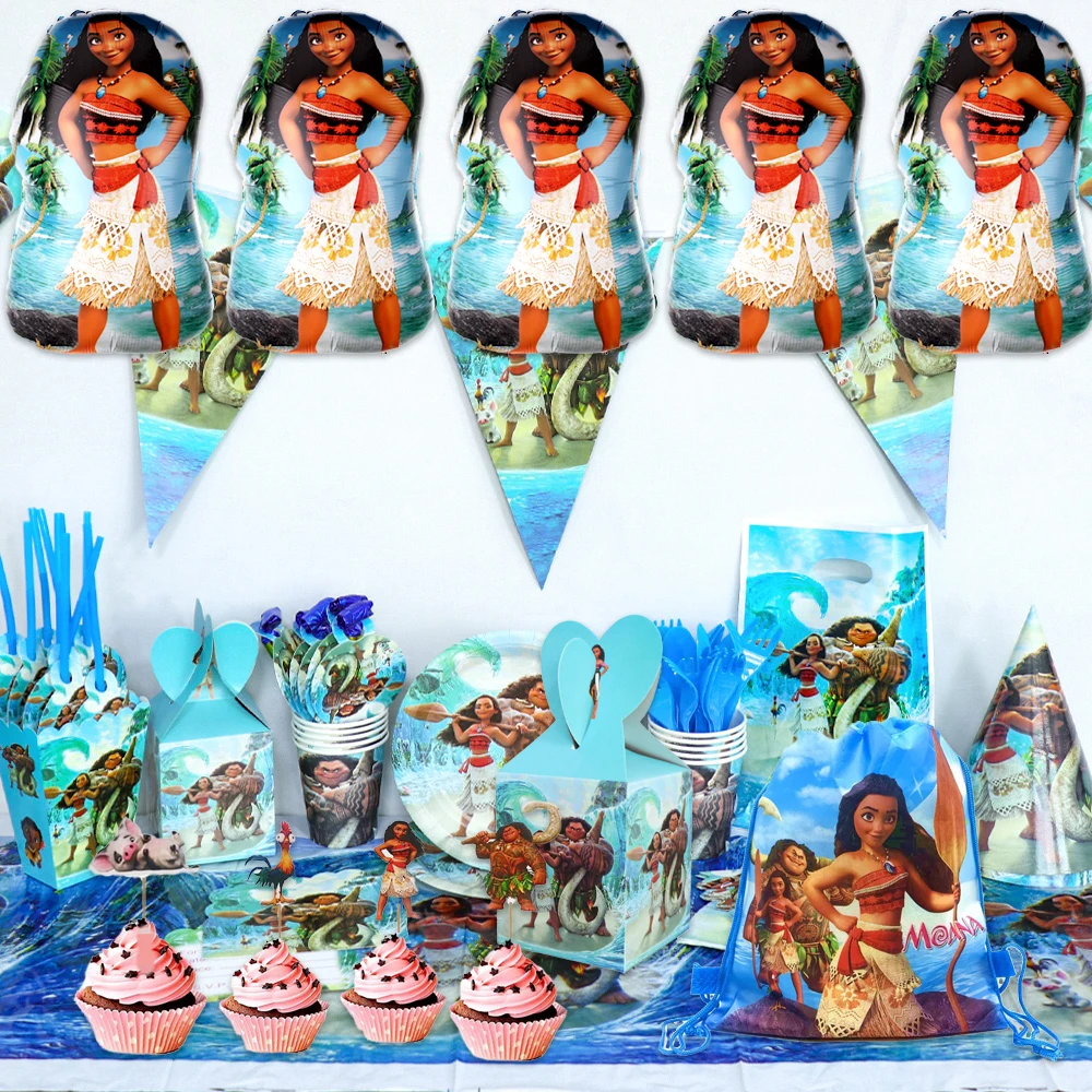 

Moana Princess Theme Gifts Bags Balloons Plates Straws Cupcake Topper Happy Birthday Party Napkins Decoration Swirls Banner