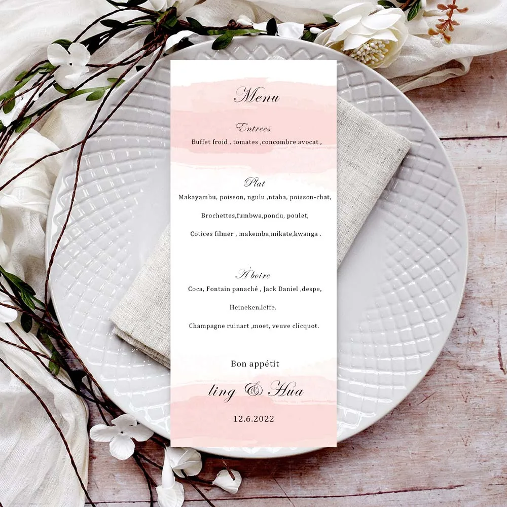 personalized table dinner baby birthday party 130pc Menu Cards Pearl Paper custom size text photo engagement logo pink backrouad